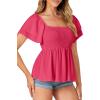 imageLYANER Womens Square Neck Smocked Peplum Top Ruffle Short Sleeve Babydoll Shirred BlouseRose Pink