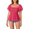 imageLYANER Womens Square Neck Smocked Peplum Top Ruffle Short Sleeve Babydoll Shirred BlouseRose Pink