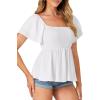 imageLYANER Womens Square Neck Smocked Peplum Top Ruffle Short Sleeve Babydoll Shirred BlouseWhite