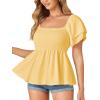 imageLYANER Womens Square Neck Smocked Peplum Top Ruffle Short Sleeve Babydoll Shirred BlouseYellow
