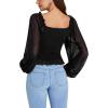 imageLYANER Womens Sweetheart Neck Self Tie Knot Shirred Back Mesh Lantern Long Sleeve Blouse Shirt TopBlack