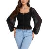 imageLYANER Womens Sweetheart Neck Self Tie Knot Shirred Back Mesh Lantern Long Sleeve Blouse Shirt TopBlack