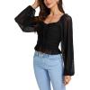 imageLYANER Womens Sweetheart Neck Self Tie Knot Shirred Back Mesh Lantern Long Sleeve Blouse Shirt TopBlack