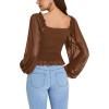 imageLYANER Womens Sweetheart Neck Self Tie Knot Shirred Back Mesh Lantern Long Sleeve Blouse Shirt TopCaramel