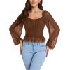 imageLYANER Womens Sweetheart Neck Self Tie Knot Shirred Back Mesh Lantern Long Sleeve Blouse Shirt TopCaramel