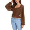 imageLYANER Womens Sweetheart Neck Self Tie Knot Shirred Back Mesh Lantern Long Sleeve Blouse Shirt TopCaramel