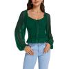 imageLYANER Womens Sweetheart Neck Self Tie Knot Shirred Back Mesh Lantern Long Sleeve Blouse Shirt TopDark Green
