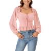 imageLYANER Womens Sweetheart Neck Self Tie Knot Shirred Back Mesh Lantern Long Sleeve Blouse Shirt TopLight Pink