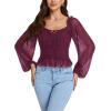 imageLYANER Womens Sweetheart Neck Self Tie Knot Shirred Back Mesh Lantern Long Sleeve Blouse Shirt TopPurplish Red