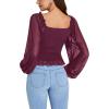 imageLYANER Womens Sweetheart Neck Self Tie Knot Shirred Back Mesh Lantern Long Sleeve Blouse Shirt TopPurplish Red