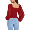 imageLYANER Womens Sweetheart Neck Self Tie Knot Shirred Back Mesh Lantern Long Sleeve Blouse Shirt TopRed