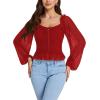 imageLYANER Womens Sweetheart Neck Self Tie Knot Shirred Back Mesh Lantern Long Sleeve Blouse Shirt TopRed