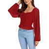 imageLYANER Womens Sweetheart Neck Self Tie Knot Shirred Back Mesh Lantern Long Sleeve Blouse Shirt TopRed