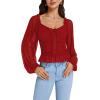 imageLYANER Womens Sweetheart Neck Self Tie Knot Shirred Back Mesh Lantern Long Sleeve Blouse Shirt TopRed