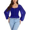 imageLYANER Womens Sweetheart Neck Self Tie Knot Shirred Back Mesh Lantern Long Sleeve Blouse Shirt TopRoyal Blue