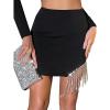 imageLYANER Womens Fringe Rhinestone Slit Asymmetrical Hem High Waist Ribbed Bodycon Short SkirtsBlack