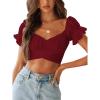 imageLYANER Womens Ruffle Short Sleeve Tie Up Back Crop Top Off Shoulder Bardot BlouseBurgundy