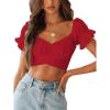 imageLYANER Womens Ruffle Short Sleeve Tie Up Back Crop Top Off Shoulder Bardot BlouseRed