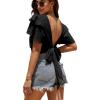 imageLYANER Womens Self Tie Back Scoop Neck Layer Ruffle Trim Short Sleeve Crop Top Blouse ShirtBlack