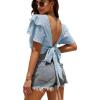 imageLYANER Womens Self Tie Back Scoop Neck Layer Ruffle Trim Short Sleeve Crop Top Blouse ShirtSky Blue