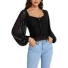 imageLYANER Womens Sweetheart Neck Self Tie Knot Shirred Back Mesh Lantern Long Sleeve Blouse Shirt TopBlack