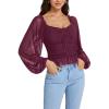 imageLYANER Womens Sweetheart Neck Self Tie Knot Shirred Back Mesh Lantern Long Sleeve Blouse Shirt TopPurplish Red