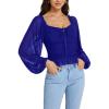 imageLYANER Womens Sweetheart Neck Self Tie Knot Shirred Back Mesh Lantern Long Sleeve Blouse Shirt TopRoyal Blue