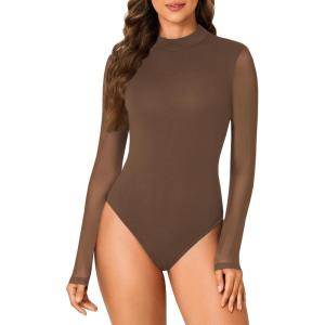 imageLYANER Womens Basic Mock Neck Stretch Sheer Mesh Long Sleeve Bodysuit Leotard TopBrown
