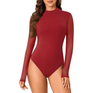 imageLYANER Womens Basic Mock Neck Stretch Sheer Mesh Long Sleeve Bodysuit Leotard TopBurgundy