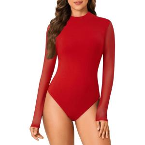 imageLYANER Womens Basic Mock Neck Stretch Sheer Mesh Long Sleeve Bodysuit Leotard TopRed