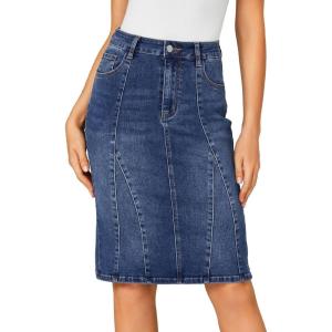 imageLYANER Womens Casual Denim High Waisted Stretch Bodycon Pencil Knee Length Straight Jean Midi Skirt with PocketsBlue