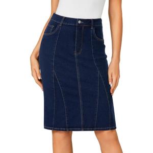 imageLYANER Womens Casual Denim High Waisted Stretch Bodycon Pencil Knee Length Straight Jean Midi Skirt with PocketsDark Blue