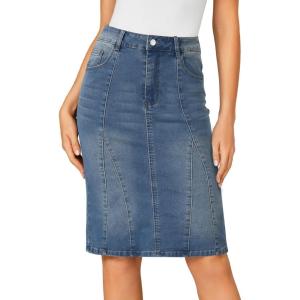 imageLYANER Womens Casual Denim High Waisted Stretch Bodycon Pencil Knee Length Straight Jean Midi Skirt with PocketsMedium Indigo