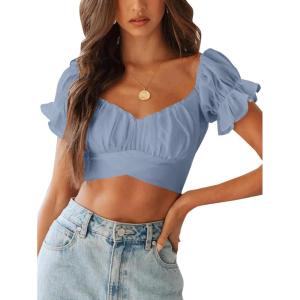 imageLYANER Womens Ruffle Short Sleeve Tie Up Back Crop Top Off Shoulder Bardot BlouseAzure Blue