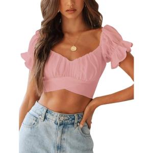 imageLYANER Womens Ruffle Short Sleeve Tie Up Back Crop Top Off Shoulder Bardot BlouseBaby Pink