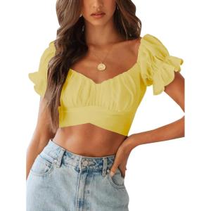 imageLYANER Womens Ruffle Short Sleeve Tie Up Back Crop Top Off Shoulder Bardot BlouseBaby Yellow