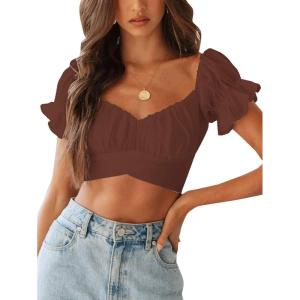 imageLYANER Womens Ruffle Short Sleeve Tie Up Back Crop Top Off Shoulder Bardot BlouseBrown
