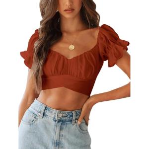 imageLYANER Womens Ruffle Short Sleeve Tie Up Back Crop Top Off Shoulder Bardot BlouseCaramel
