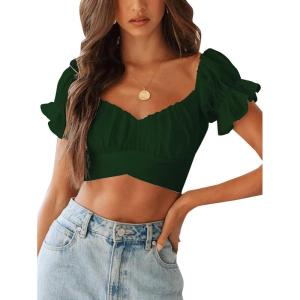 imageLYANER Womens Ruffle Short Sleeve Tie Up Back Crop Top Off Shoulder Bardot BlouseDark Green