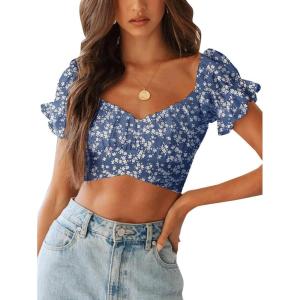 imageLYANER Womens Ruffle Short Sleeve Tie Up Back Crop Top Off Shoulder Bardot BlouseFloral Blue1