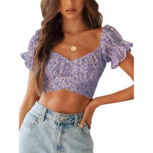 imageLYANER Womens Ruffle Short Sleeve Tie Up Back Crop Top Off Shoulder Bardot BlouseFloral Purple1