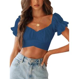 imageLYANER Womens Ruffle Short Sleeve Tie Up Back Crop Top Off Shoulder Bardot BlouseFrench Blue
