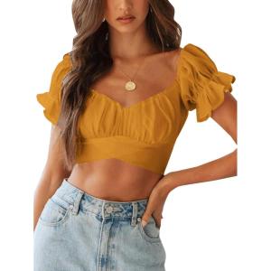 imageLYANER Womens Ruffle Short Sleeve Tie Up Back Crop Top Off Shoulder Bardot BlouseGinger