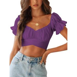 imageLYANER Womens Ruffle Short Sleeve Tie Up Back Crop Top Off Shoulder Bardot BlouseGrape Purple