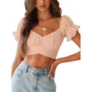 imageLYANER Womens Ruffle Short Sleeve Tie Up Back Crop Top Off Shoulder Bardot BlouseKhaki