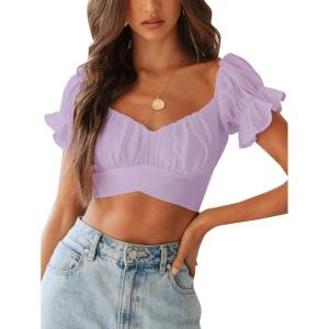 imageLYANER Womens Ruffle Short Sleeve Tie Up Back Crop Top Off Shoulder Bardot BlouseLavender
