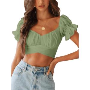 imageLYANER Womens Ruffle Short Sleeve Tie Up Back Crop Top Off Shoulder Bardot BlouseLight Green