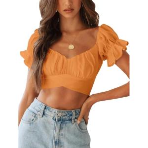imageLYANER Womens Ruffle Short Sleeve Tie Up Back Crop Top Off Shoulder Bardot BlouseLight Orange