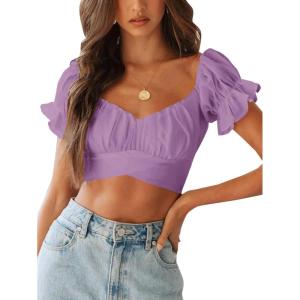 imageLYANER Womens Ruffle Short Sleeve Tie Up Back Crop Top Off Shoulder Bardot BlouseLight Violet