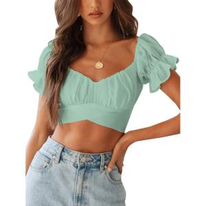 imageLYANER Womens Ruffle Short Sleeve Tie Up Back Crop Top Off Shoulder Bardot BlouseMint Green